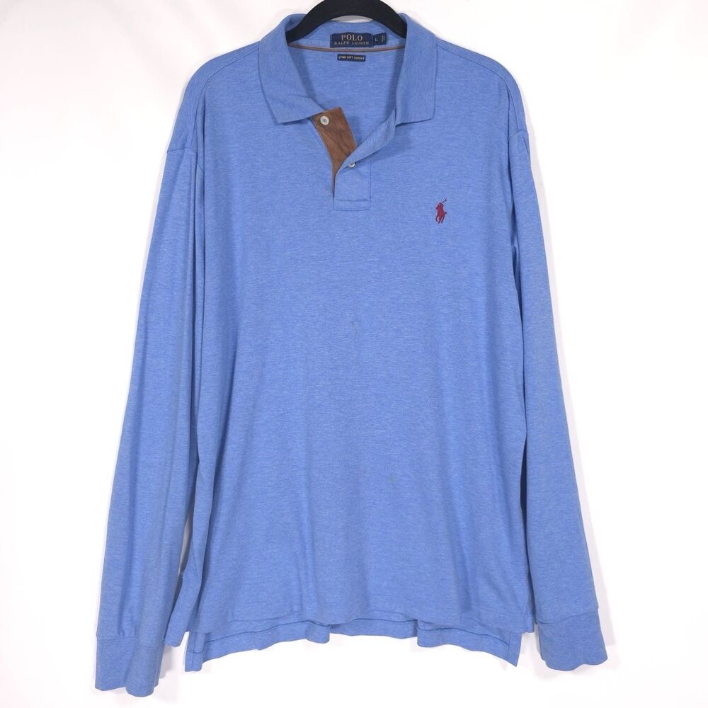 POLO RALPH LAUREN Pima Soft Touch Long Sleeve Blue Polo Shirt LARGE Suede Detail